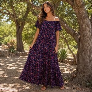 Old Navy Boho Floral Off Shoulder Maxi Dress Navy Pink Cottagecore Large
